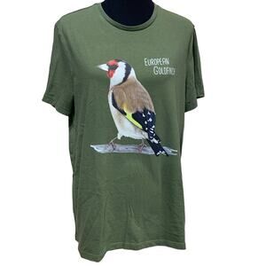 Upcycled Hand Printed Mens Large European Goldfinch Slava Ukraini Artist Tee